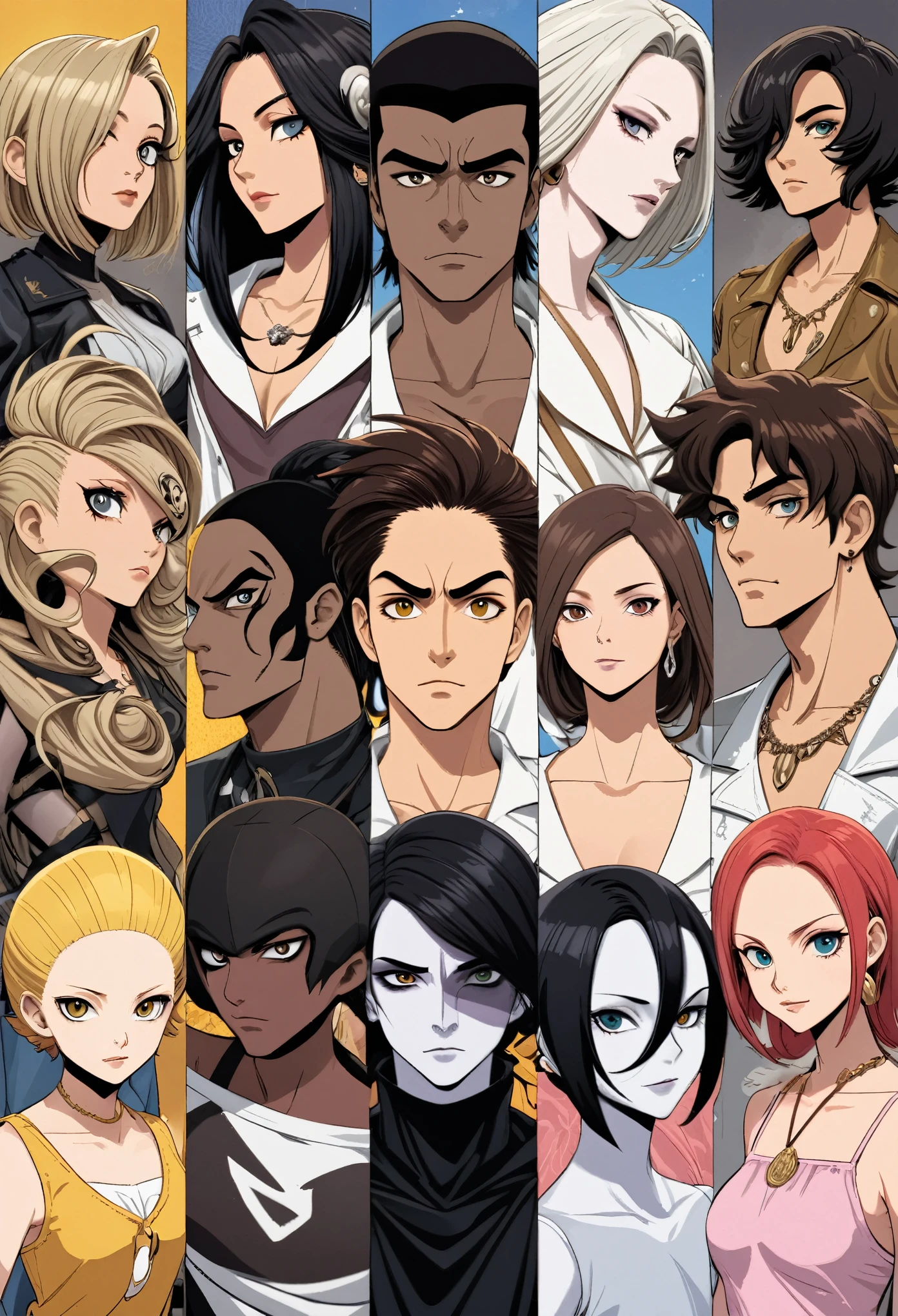 ILLUSTRATION, estilo anime, tres personajes.
hombre, piel completamente blanca, ojos negros, pupilas blancas, pelo desordenado color negro, aretes, sonrisa maliciosa, gabardina gris, playera de cuello de tortuga de color negro.
hombre, pale skin, el pelo largo, desordenado, dark brown color, cola de caballo ,lentes, mirada cansada, aretes dorados, camisa blanca.
mujer, piel clara, cabello corto, sombras para ojos, aretes, camisa blanca, bufanda acolchada de color piel.