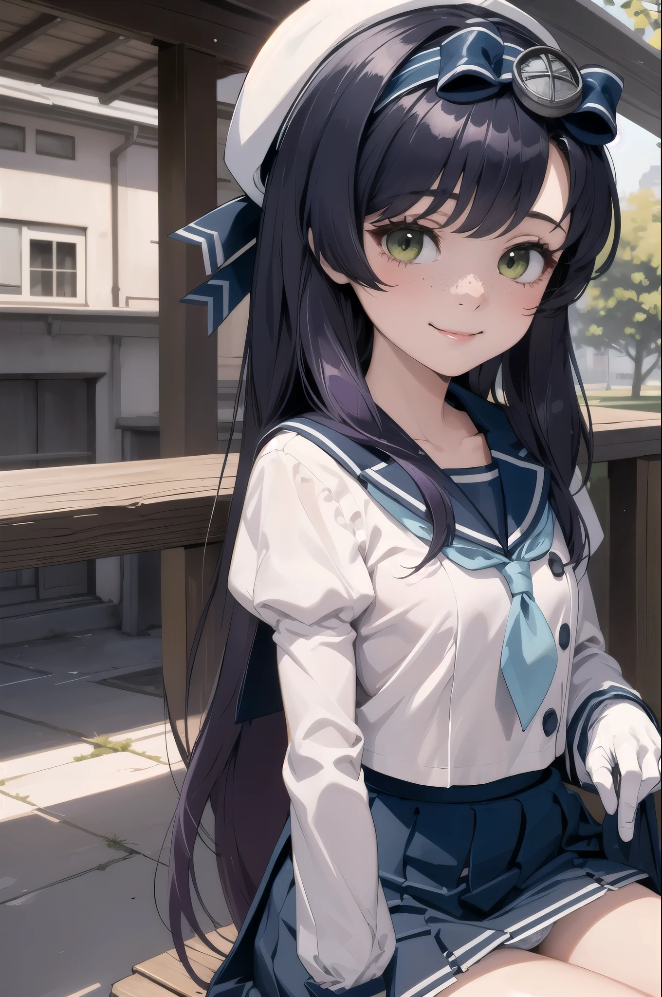 highest quality, masterpiece, Very detailed, One girl, alone, smile,
settlement, freckles, Very long hair, Purple Hair, 
, Sailor's hat, Blue Ribbon,  Blue sailor collar, Blue neckerchief, Juliet Sleeve, Long sleeve, White gloves, Blue Skirt, Pleated skirt,
Outdoor,(Panty shot)