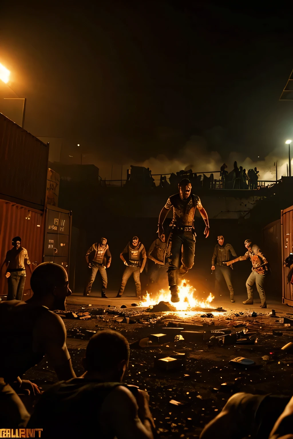 in an underground arena create a realistic horde of zombies coming out of containers and coming towards the screen the theme of the image is the video game dying light throughout the image there are some places on fire