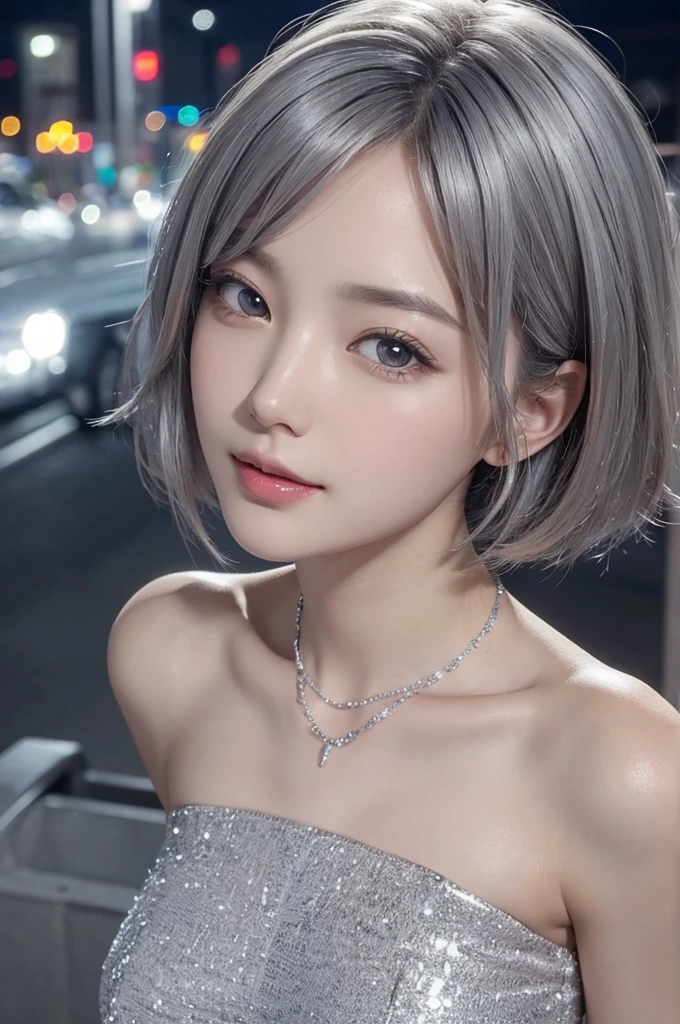 (Surreal) , (Like the picture:1.4),(Increase the resolution), (8k), (Very detailed), (Beautiful and fine details), (highest quality), (Ultra-detailed), (masterpiece), (wallpaper), (Detailed face), solo,1 girl, perfect beautiful japanese woman:1.4、19 years old、Looking at the audience, Subtle details, Detailed face, Cloudy, Deep Shadow, A gentle smile,Short hair silver color,My hair is messy,Looking up,(Bright dress:1.2),Background is night,Camera angle high angle,Various poses,necklace,