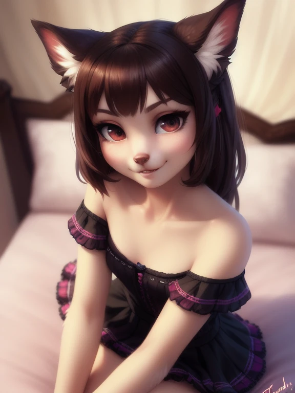 (source_e621), A beautiful and detailed (sweet portrait), ((domestic dog)), Schlank, Small breasts, Hochgeladen E621, detailed flauschige fur, (von Fluff-Kevlar, Bayard Wu, personalami, Pino Daeni), 1girl, Allein, very cute off shoulder shirt, skirt, mischievous look, adorable, full body, facing viewer, on bed, missionary position, legs spread, 1girl, realistic, ultra sharp image, view from above, (solo), first person view, cleavage, masterpiece, blunt bangs, best quality, waiting,