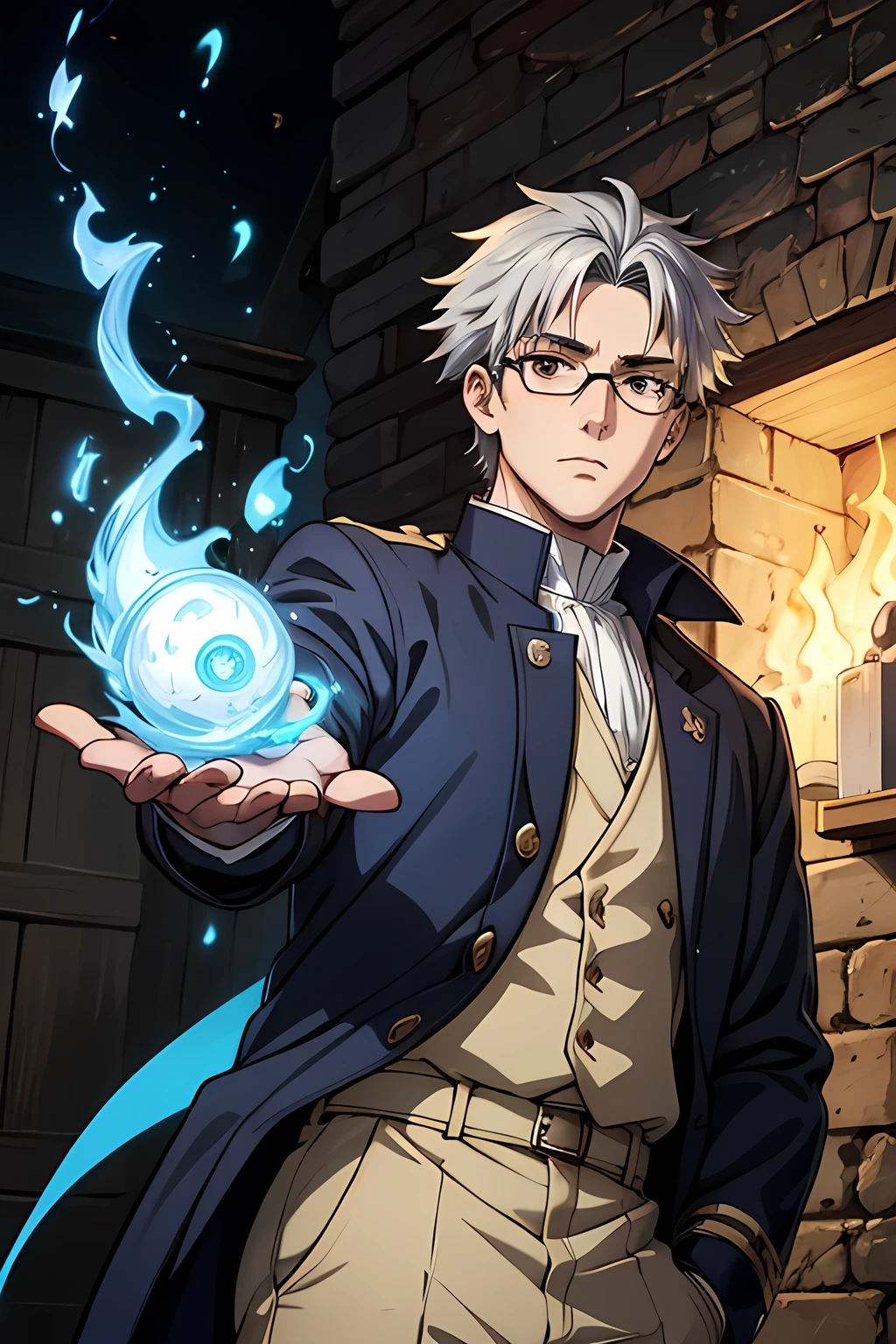 28 year old man with glasses, silver hair, Brown eyes, England 19th century, Exorcist, blue fire, anime style