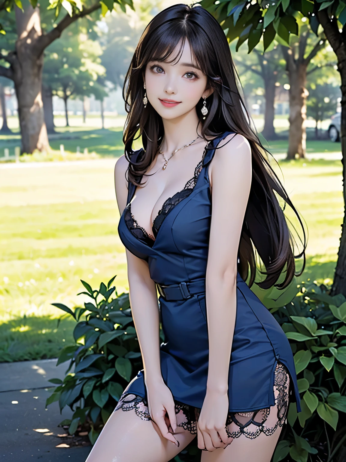 ((((highest quality))))、(((Ultra-precision CG16K wallpaper)))、(((masterpiece)))、(((Super detailed)))、(((Extreme detail)))、((1Mature 29 year old woman:1.6))、((Very beautiful Japanese faces))、((Zuo々Nozomi:1.5))、((Straight semi-long hair、blunt bangs:1.5))、(Shiny brown hair)、Beautiful Eyes、Clearly defined pupils、eyeliner、Eyeshadow、High nose、Small nostrils、Small Mouth、Seductive lips、Beautiful breasts、((C cup size breasts))、Cleavage、Beautiful feet、eight-headed body、Perfect proportions、Perfect Anatomy、Perfect composition、Beautiful detailed shading、Beautiful, natural lighting、Beautiful detail glow、Depth of written boundary、(((High chroma)))、(((Real:1.9)))、((vivid:1.5))、((Beautiful Skin))、((Skin Texture))、((Realな皮膚感))、(((Cowboy Shot:1.6)))、((Front view、shoot from front、Front low angle:1.6))、(((smile:1.6)))、((The woman is looking at this、looking at viewer、Facing forward:1.6))、Bright daylight、Natural light、(((Park Square、Trees:1.5)))、(Standing pose:1.6)、(((Navy blue sleeveless lace net mini dress:1.6)))、((Earrings、Wearing a necklace:1.3))、((Knee-high socks:1.5))、