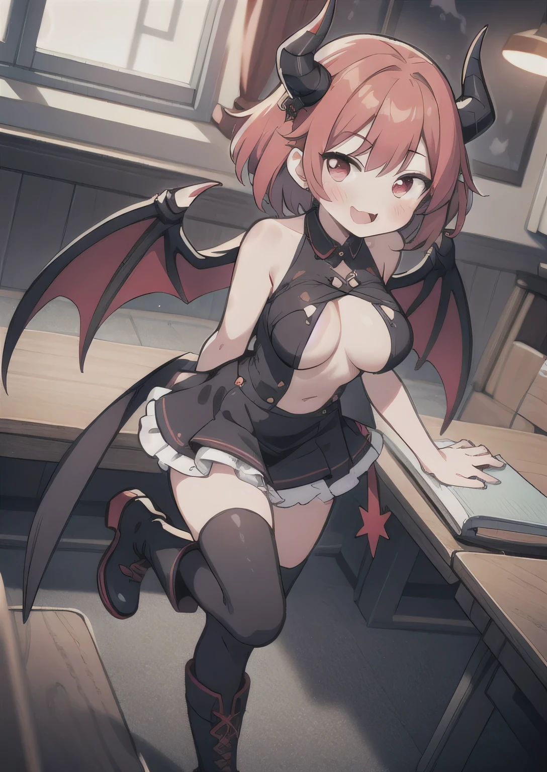 8K, 1girl. it, teeawaii vampire, crimson hair, short hair, red eyes, bat wings, smile, (blush), (shy), fang, boots, looking at viewer,  dynamic angle, wind, game cg, fantastic scenery, demon tail, black horns, in class, big breast, study, full class, horny, naked