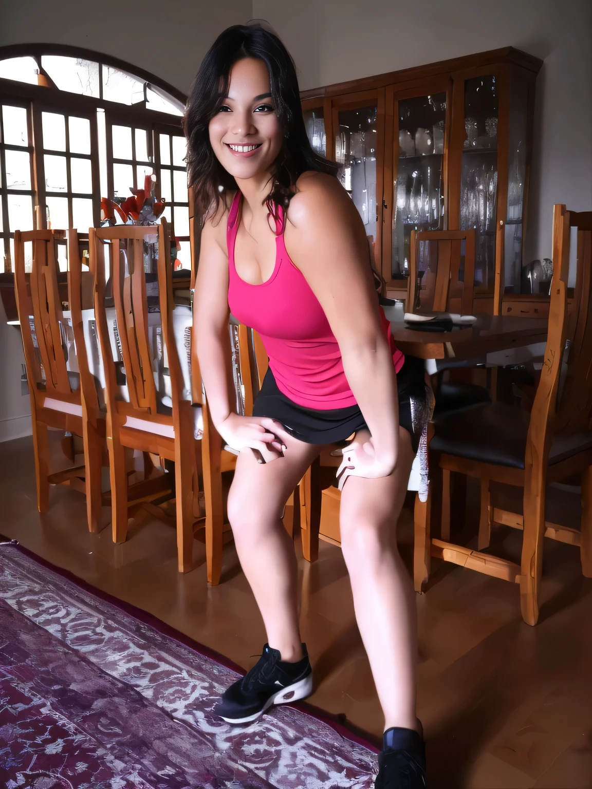 In the center of a cozy living room, a beautiful light brunette and tanned woman is captured in full dance movement, striking a cheeky pose, sitting on bent knees, squatting pose, on her knees, attacking the camera :4, she is dancing, cottagecore!! fitness body, slim latin woman dancing, dancing in the background, frenetic dance pose, jumping with her arms up, sassy pose, triumphant pose, as if she is dancing, she is dancing. She is dressed in a vibrant red tank top and black shorts/skirt, her outfit contrasting with the warm tones of the wooden furniture around her. The room itself exudes a cozy feel with wooden flooring and furniture, including a dining table for four. A rug sits on the floor in front of the table, contributing to the comfortable atmosphere of the space. Woman with white skin, tanned, around 40 years old and dark hair, measuring 164 cm tall and weighing around 55 kg, highly realistic, reddish skin, hyperrealism, very elaborate skin, full body photo, clear photo, tall quality, high resolution, masterpiece, (photographically realistic) UHD, high contrast, masterpiece 16K: 1.3, high resolution, (photographically realistic), NUDE, NUDITY, NFSW.
