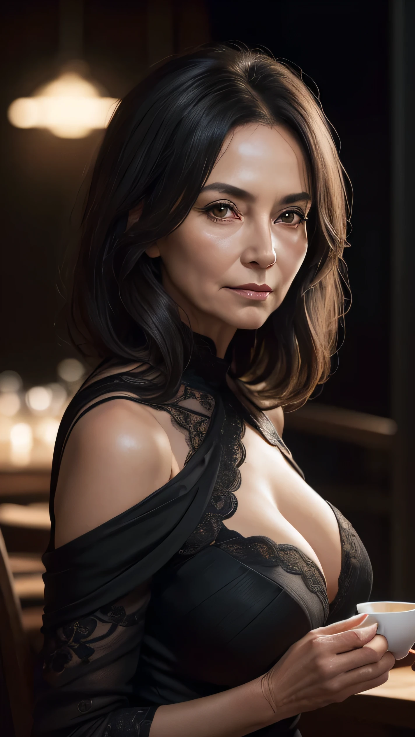 65 years old,(Mature Woman:1.2), Captivating Gaze,length, old, Gray Hair,Brown eyes, (She has many wrinkles on her face:1.4), (there are many wrinkles on her chest..4),old woman, Fine lines (8k, High resolution,super high quality, Ultra HD,Surreal,highest quality,Masseter region:1.2)(Big Breasts,Big cleavage:1.1) ,(old woman in Japan), Beautiful black dinner dress,Eyes visible through hair, Proper eye position,Cinematic Light,Soft Light,Waist,At night,Soft moonlight,detailed color graded background,Complex, Very detailed,8k,Overall silhouette,restaurant,Looking down