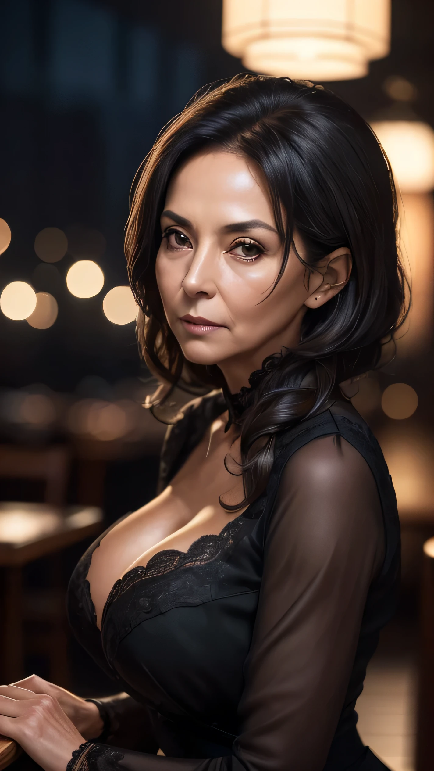 65 years old,(Mature Woman:1.2), Captivating Gaze,length, old, Gray Hair,Brown eyes, (She has many wrinkles on her face:1.4), (there are many wrinkles on her chest..4),old woman, Fine lines (8k, High resolution,super high quality, Ultra HD,Surreal,highest quality,Masseter region:1.2)(Big Breasts,Big cleavage:1.1) ,(old woman in Japan), Beautiful black dinner dress,Eyes visible through hair, Proper eye position,Cinematic Light,Soft Light,Waist,At night,Soft moonlight,detailed color graded background,Complex, Very detailed,8k,Overall silhouette,restaurant,Looking down