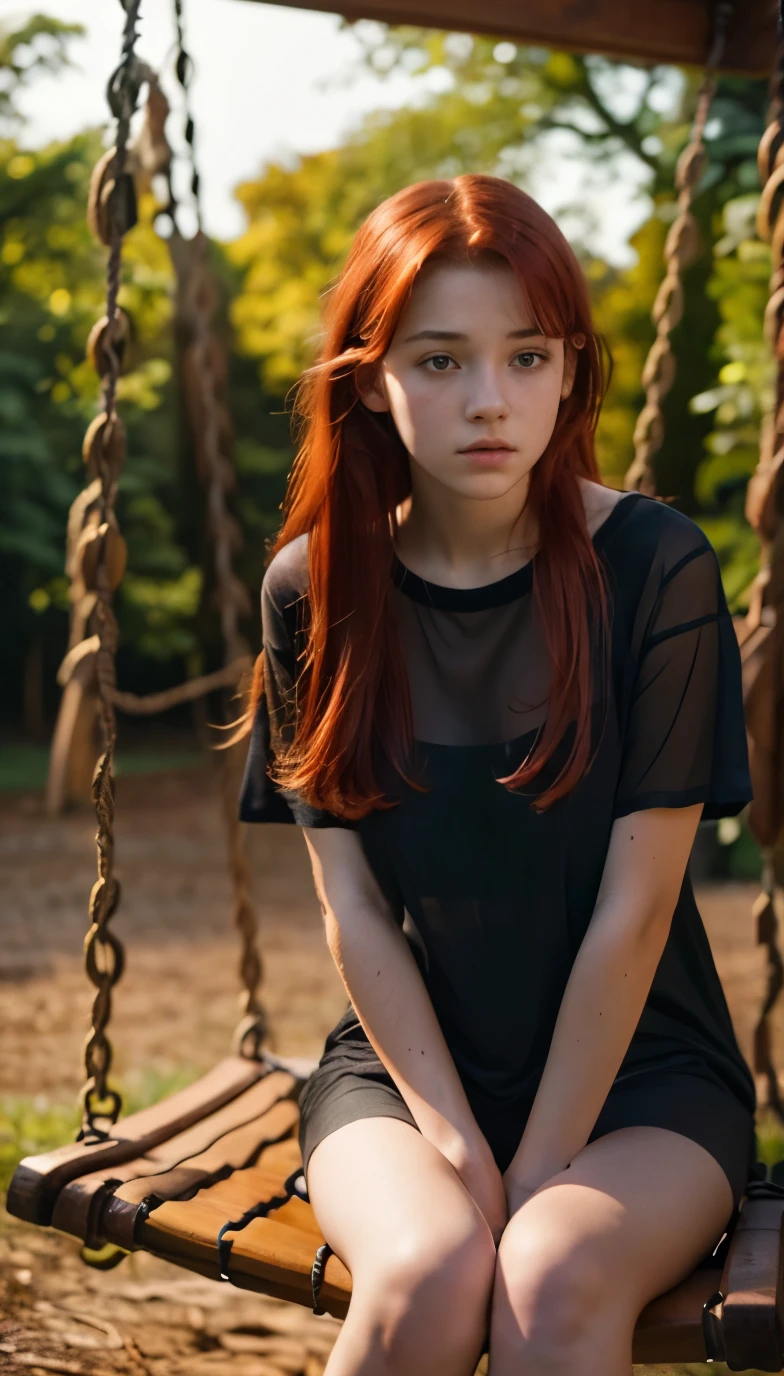 A very sad looking girl, 15 years old, red hair, wearing a see through shirt, sitting on a swing in a dark wood, Ultra high res, uhd, (photorealistic:1.4), 