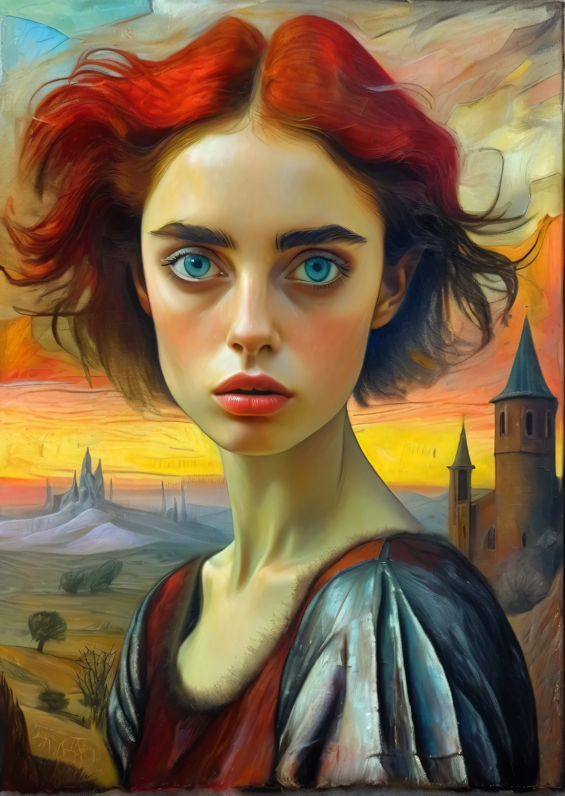 [[(front full portrait:  Karen Gillan (solo!!!) with big beauty eyes and a short hair oblique twister bob, crimson)((Austin Osman Spare and Ernst Fuchs style!!!))])):20]/[background: landscape Renaissance, impressionism and expressionism, old canva, (silver fog sunset), ((landscape style leonora carrington:1,6))]/[very colorful,((oil painting palette knife))((masterpiece)),((highest detail))]]