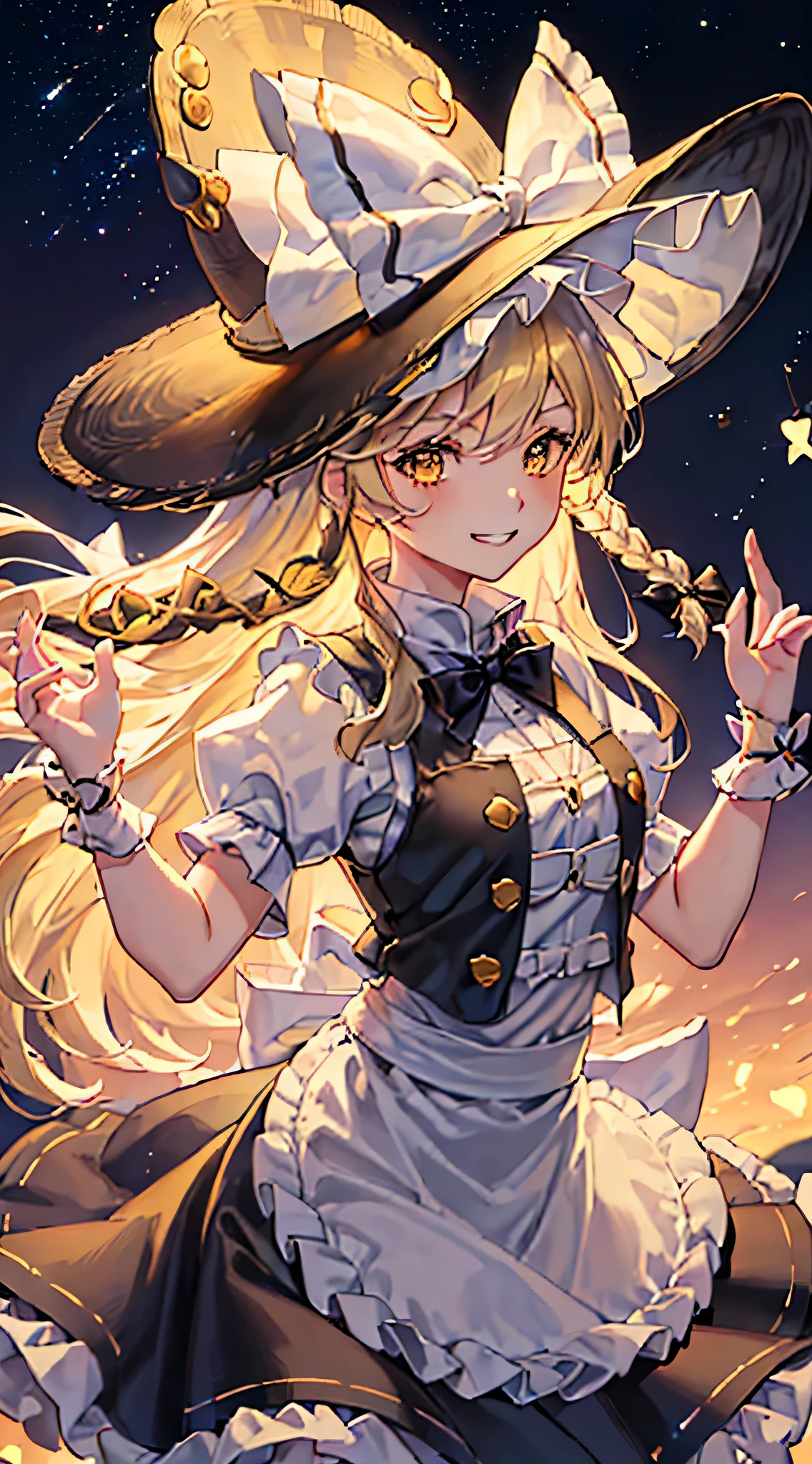 (masterpiece:1.2), best quality, highres, original, (extremely detailed:1.2), ultra-detailed, wallpaper, perfect lighting,(extremely detailed CG:1.2), 8k, anime illustration, 1girl, solo, Touhou Project, kirisame_marisa_touhou, Marisa Kirisame, cute, (blonde_hair, long_hair, hat, witch_hat, bow, yellow_eyes, braid, single_braid, hat_bow, smile, hair_bow, white_bow, bangs, black_headwear, smiling, maid custom, anatomically correct:1.2), back-angle, from behind, outdoor, sunny, unity 4k