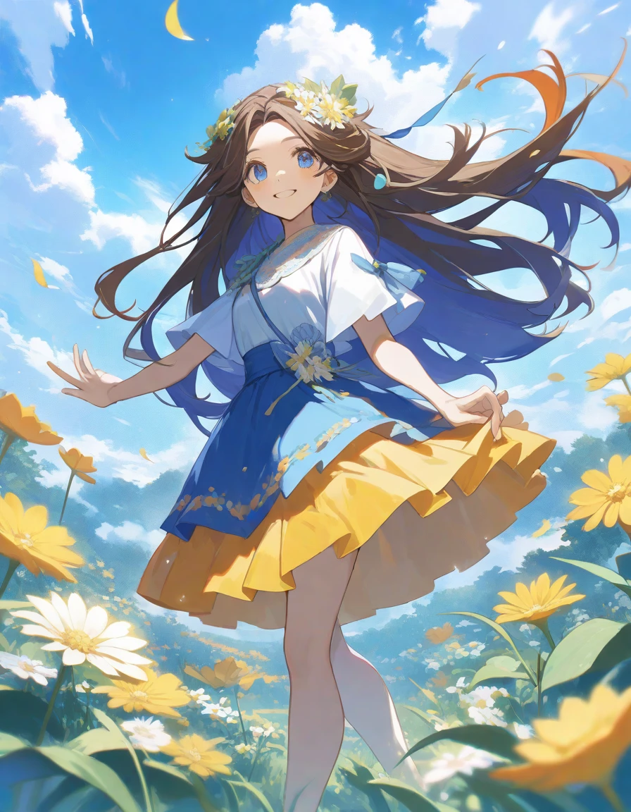1 chica, de 16, cabello largo naranja brillos rojos, ojos azules, en vestido blanco, parada en un campo de flores amarillas, nubes blancas, cielo azul, bosque al fondo, pensativa mira a un lado, de lado, profundidad de campo