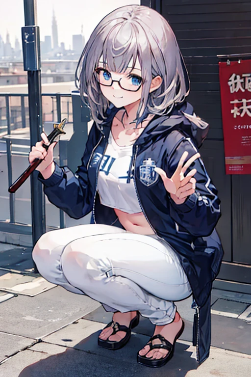 2D, masterpiece, highest quality, anime, Highly detailed eyes, Highly detailed face, Perfect lighting, Cowboy Shot, 1 girl, alone, squat, smile, Happy, Open your mouth, Urban Background, Cityscape, Highly detailed background, (Kuson:1.2), blue eyes, Glasses, Jacket, sarashi, belly button, White pants, knife, holding knife, Have a weapon >