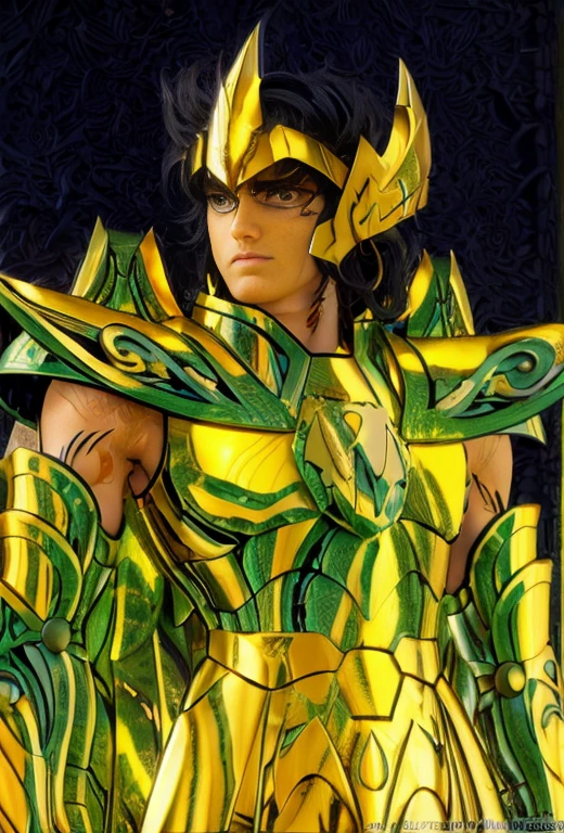 (masterpiece, best quality:1.2, UHD, 4k, masterpiece, photo realistic, insane details, ultra realistic, nobel photography), a saint seiya saint, beautiful boy,with ultra beautiful and decoured full armour, full made of black metal, ((black color armour)), (scorpion themed scorpioncore), light effects, very decourated, friezes