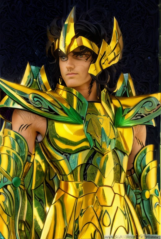 (masterpiece, best quality:1.2, UHD, 4k, masterpiece, photo realistic, insane details, ultra realistic, nobel photography), a saint seiya saint, beautiful  boy,with ultra beautiful and decoured full armour, full made of black metal, ((black color armour)), (scorpion themed scorpioncore), light effects, very decourated, friezes