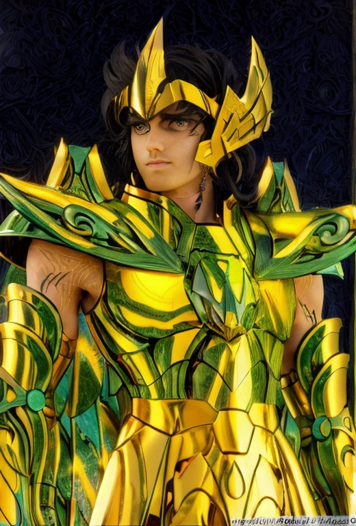 (masterpiece, best quality:1.2, UHD, 4k, masterpiece, photo realistic, insane details, ultra realistic, nobel photography), a saint seiya saint, beautiful  boy,with ultra beautiful and decoured full armour, full made of black metal, ((black color armour)), (scorpion themed scorpioncore), light effects, very decourated, friezes