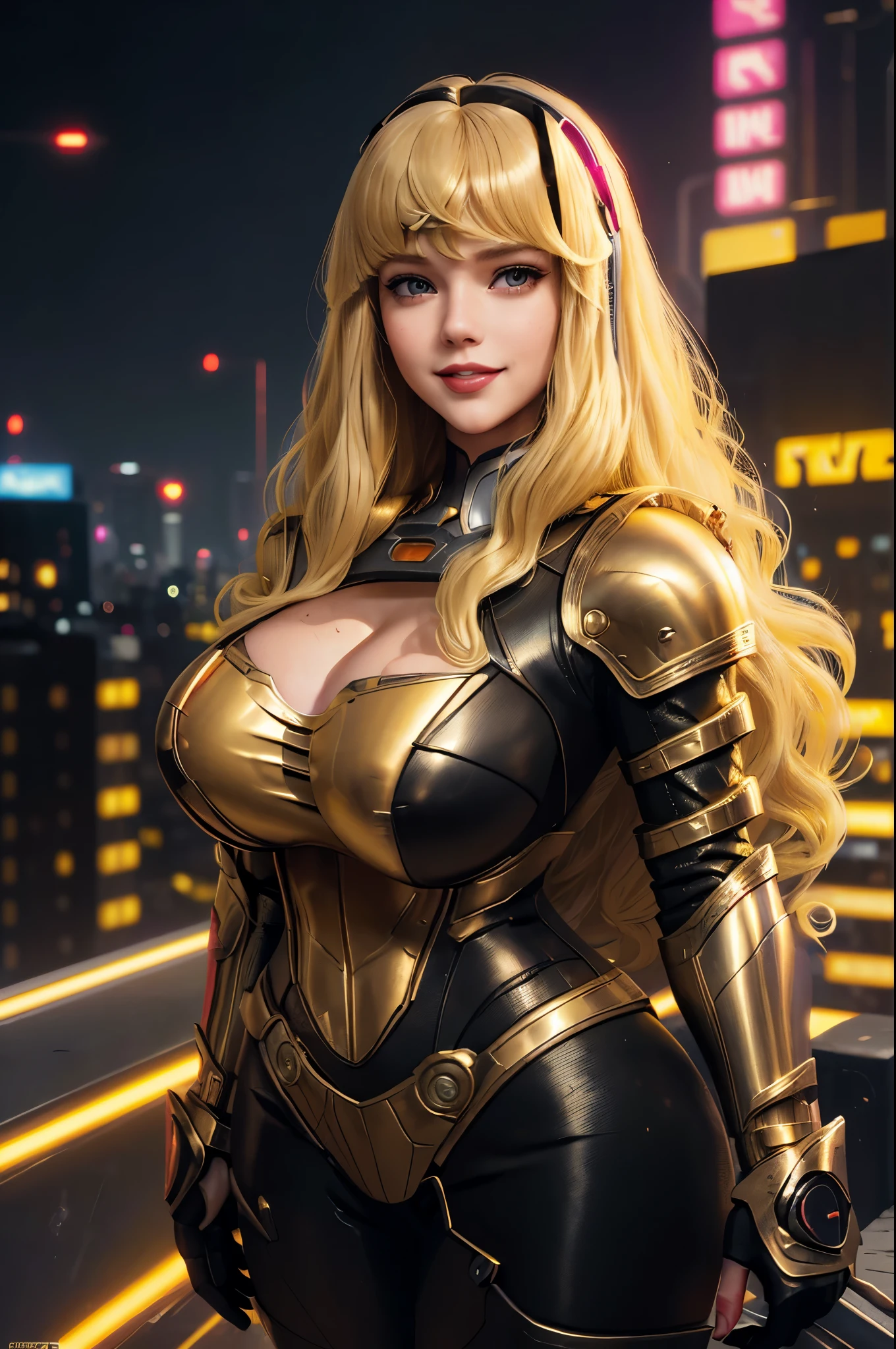 Supergirl 27 years old, (((1girl))) ((( Taylor Swift:Emma Stone:0.7))) Beautiful woman (((long wavy blonde hair))) ((bangs:1.2)) ((yellow cyberpunk style futuristic armor)) defined body, Red lipstick, smiling, hands free, standing, high tech cyberpunk city rooftop, night, (huge_breasts:1.4) (curvy:1.3)(chubby:1.1)