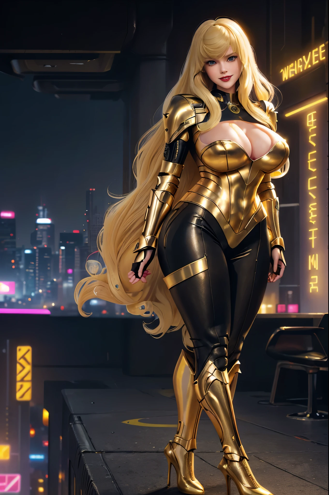 Supergirl 27 years old, (((1girl))) ((( Taylor Swift:Emma Stone:0.7))) Beautiful woman (((long wavy blonde hair))) ((bangs:1.2)) ((yellow cyberpunk style futuristic armor with matching heels)) defined body, Red lipstick, smiling, hands free, standing, high tech cyberpunk city rooftop, night, (huge_breasts:1.4) (curvy:1.3)(chubby:1.1)