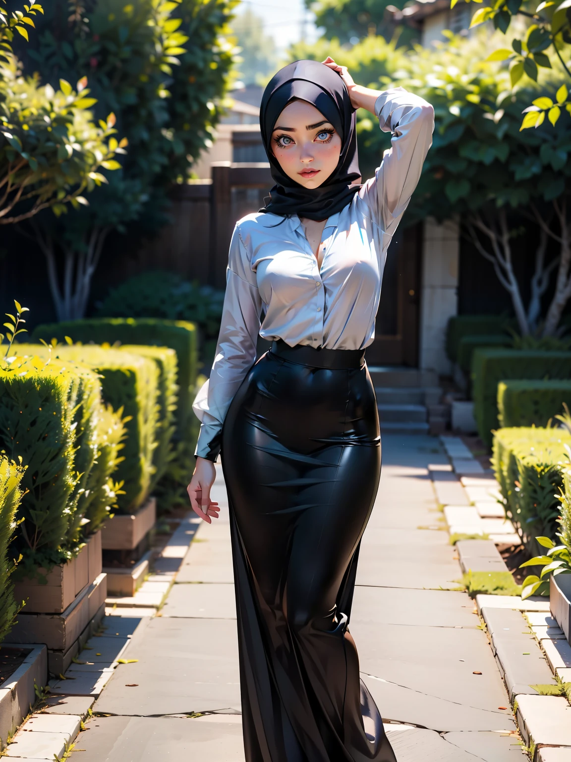 Masterpiece, best quality, photography, detailed skin, realistic, photo-realistic, 8k, highly detailed, full length frame, High detail RAW color art, diffused soft lighting, shallow depth of field, sharp focus, hyperrealism, cinematic lighting, a matured woman, beautifully makeup, eyeshadow, beautiful big eyes, long eye lashes, sagging body, chubby, wearing (Dark blue satin hijab), loosely tide hijab style, ((gray satin shirt)), satin long maxi skirt, dancing under tree, garden