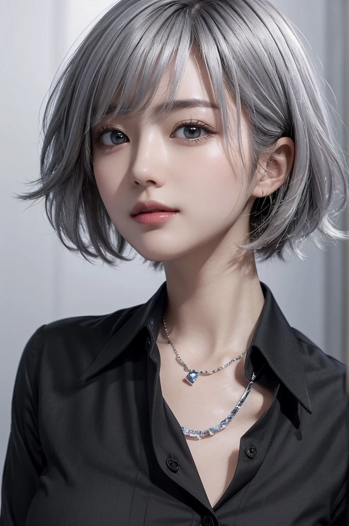(Surreal) , (Like the picture:1.4),(Increase the resolution), (8k), (Very detailed), (Beautiful and fine details), (highest quality), (Ultra-detailed), (masterpiece), (wallpaper), (Detailed face), solo,1 girl, perfect beautiful japanese woman:1.4、19 years old、Looking at the audience, Subtle details, Detailed face, Cloudy, Deep Shadow, A gentle smile,Short hair silver color,My hair is messy,Looking up,(Black collared shirt, :1.2),Background is night,Camera angle high angle,Various poses,necklace,Attractive face, Medium chest, Dynamic pose,