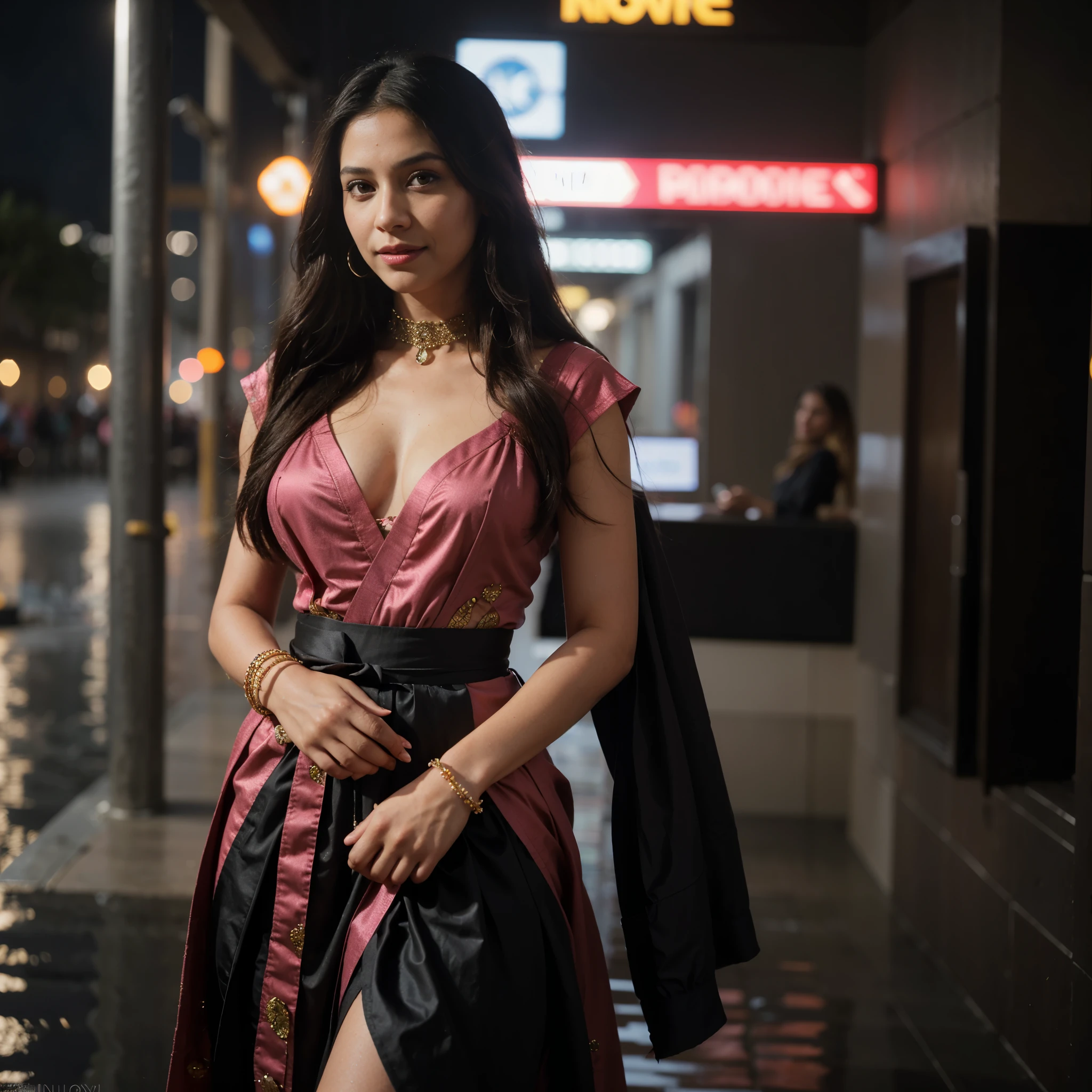 portrait of A confident-looking, brighter smiling face, happy indian woman princess with long flowing hair, hazel eyes, lip stick, wearing designer jewellery, pink and black designer dress, standing at fashion party, bokeh perfect composition, hyperrealistic, super detailed, rainy day clear, 8k, high quality, trending art, trending on artstation, sharp focus, photo shoot, intricate details, highly detailed, art by greg rutkowski