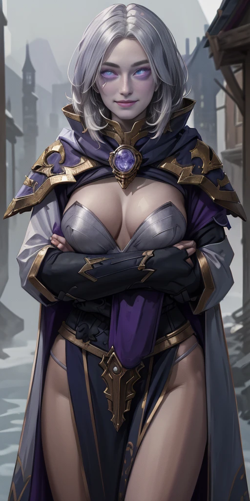 (chest covered) (smile) Gray skin, pale golden hair and violet eyes. They prefer clothing of white and silver with cloaks of deep blue or purple, village background, ((very precise detailed)) ((high res)