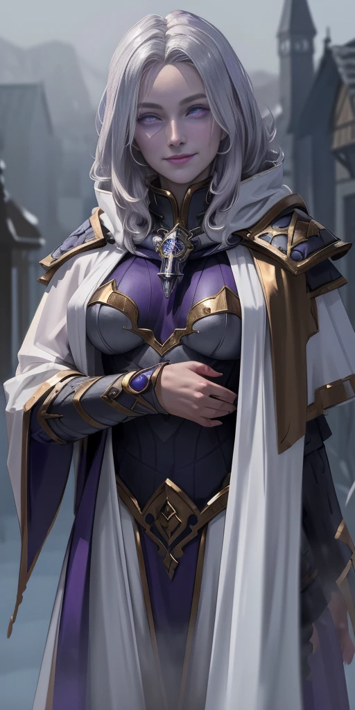 (chest covered) (smile) Gray skin, pale golden hair and violet eyes. They prefer clothing of white and silver with cloaks of deep blue or purple, village background, ((very precise detailed)) ((high res)