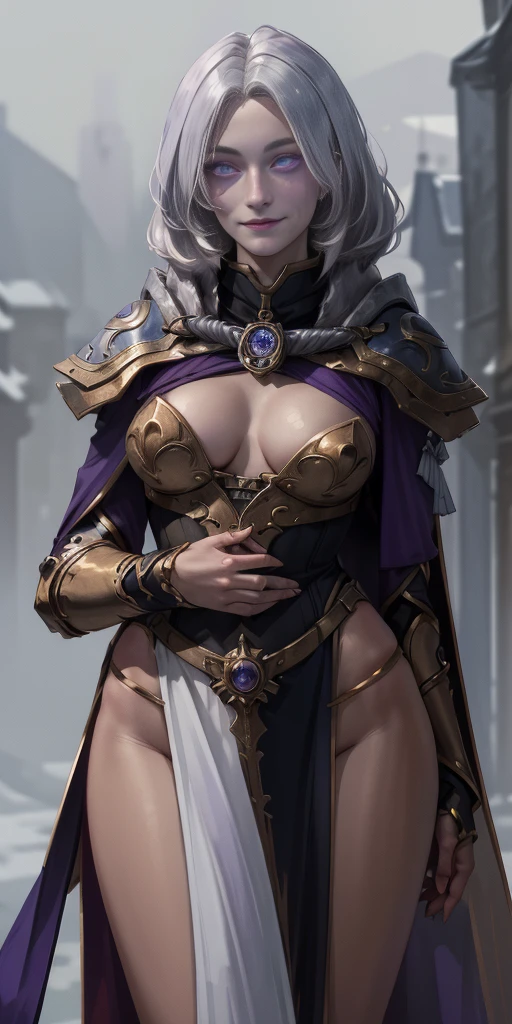 (chest covered) (smile) Gray skin, pale golden hair and violet eyes. They prefer clothing of white and silver with cloaks of deep blue or purple, village background, ((very precise detailed)) ((high res)