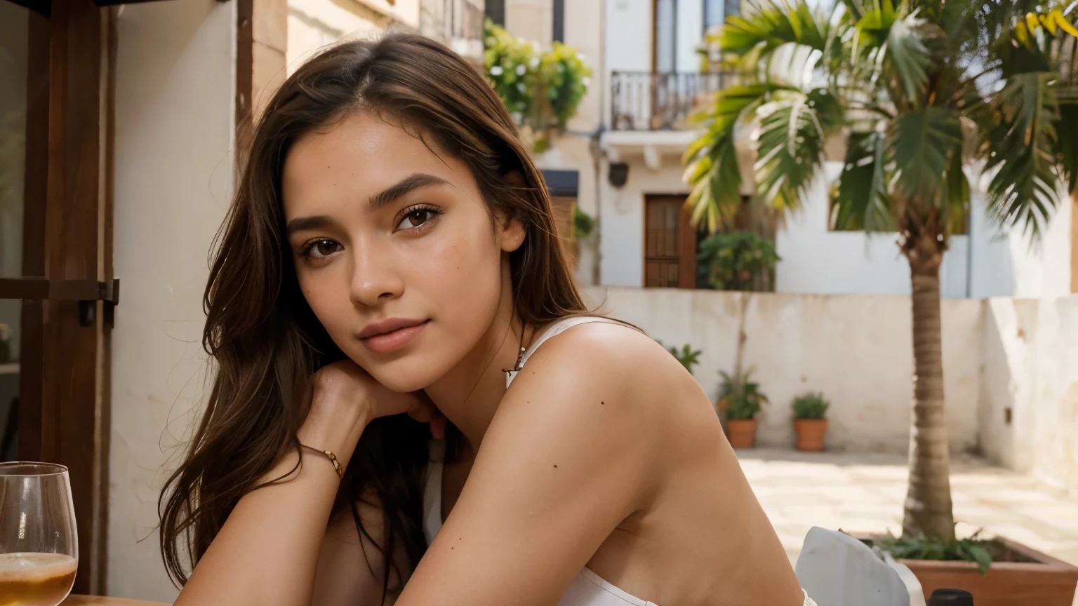 Foto retrato realista de bella mujer colombiana, Brown hair, influencer, pecas claras, ojos cafe claro, sin maquillaje, instagram, pronounced cheekbones, rostro ovalado, 19 years, cuerpo perfecto, brasier doble d, levantando los brazos, sonriendo, on a terrace in Spain