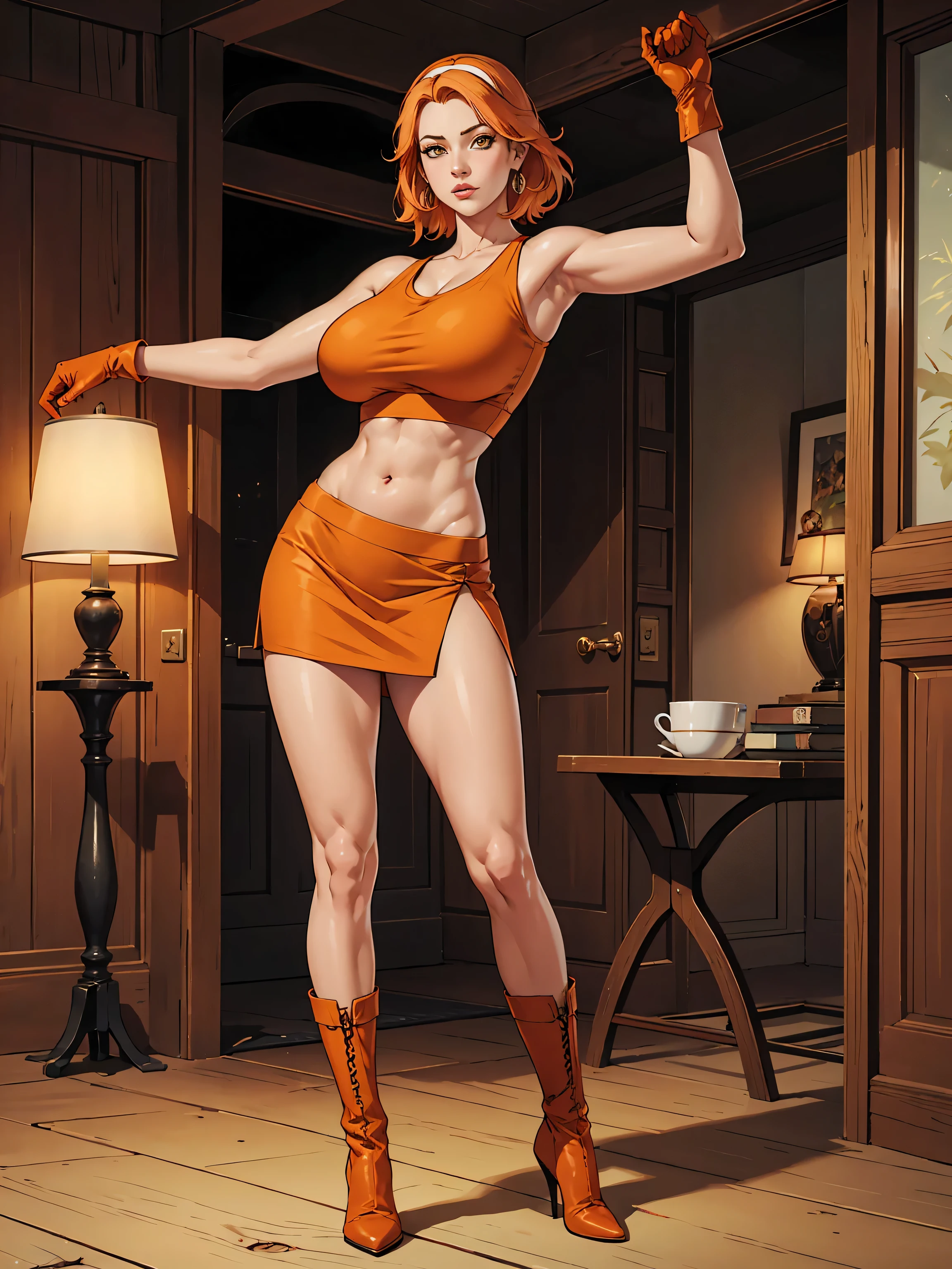 Full body, realistic, (1 beautiful woman, solo: 1.1), big breasts, orange hair, orange crop top, orange skirt, orange gloves, orange high heel boots