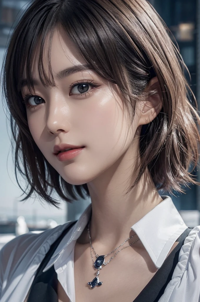 (Surreal) , (Like the picture:1.4),(Increase the resolution), (8k), (Very detailed), (Beautiful and fine details), (highest quality), (Ultra-detailed), (masterpiece), (wallpaper), (Detailed face), solo,1 girl, perfect beautiful japanese woman:1.4、19 years old、Looking at the audience, Subtle details, Detailed face, Cloudy, Deep Shadow, A gentle smile,Short hair silver color,My hair is messy,Looking up,(Black collared shirt, :1.2),Background is night,Camera angle high angle,Various poses,necklace,Attractive face, Medium chest, Dynamic pose,