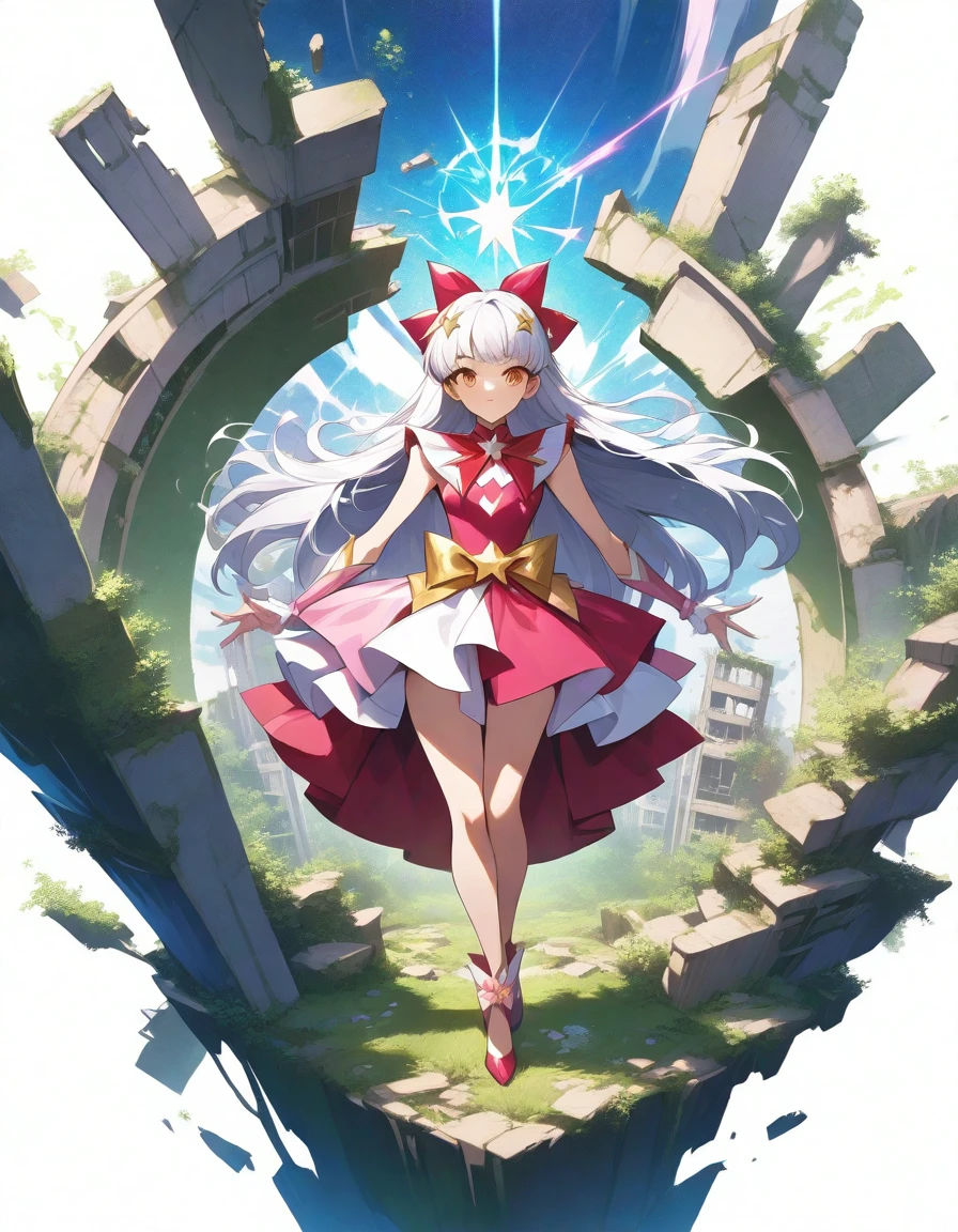 portrait, long hair, white hair, golden eyes, 1girl, head, face, magical girl, absurdres, masterpiece, best quality, magical girl costume, ((mahou shoujo)), short hair, desolation, ruins, dynamic pose, apocalypse, spellcasting, Style-Glass, full body shot