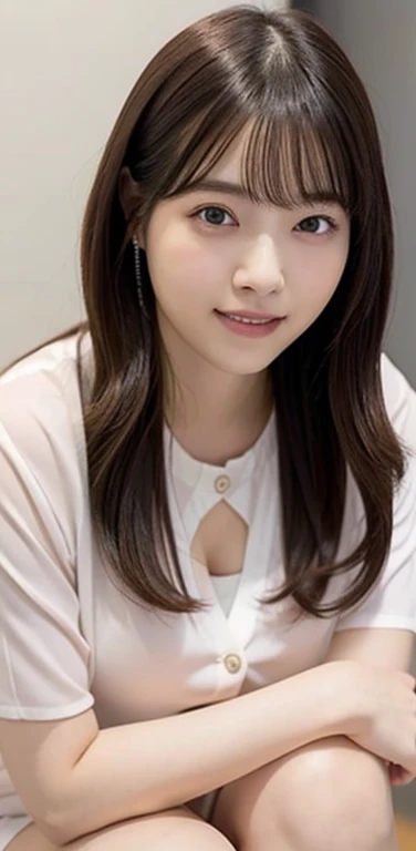 (8k), (highest quality: 1.2), (Realistic), (Realistic: 1.37), Ultra-high resolution,RAW Photos、 1 girl, Head to knee photo、cute, smile, Mouth closed, Beautiful details, Beautiful Nose, whole body, Wet Hair, Giant Dulcefo, pork, , (Small breasts)、Flat Chest、Breast like a 、Tight white blouse that clings to the breasts、pastel cardigan、Nipples are visible through the、Voluptuous thighs、dolly make、Odd Eye、Heterochromia iridis