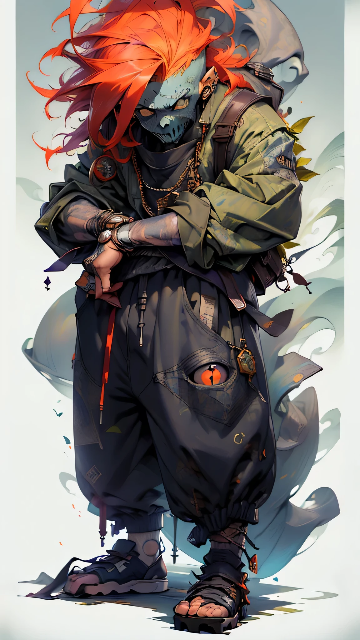 ((long shot, full body: 1.6)), purple: 1.5, orange: 1.1, green: 1.3, White: 1.3, yellow: 1.3, (rapper boy with scary hair, highly detailed eyes and body and beautiful baggy and baggy clothes :1.6), tattoos, (walls with Graffiti: 1.2), flower, Leaves, born in the fog, lines, leaning on the wall with a spray paint in his hand:1.4, dynamic action pose, 32K.
