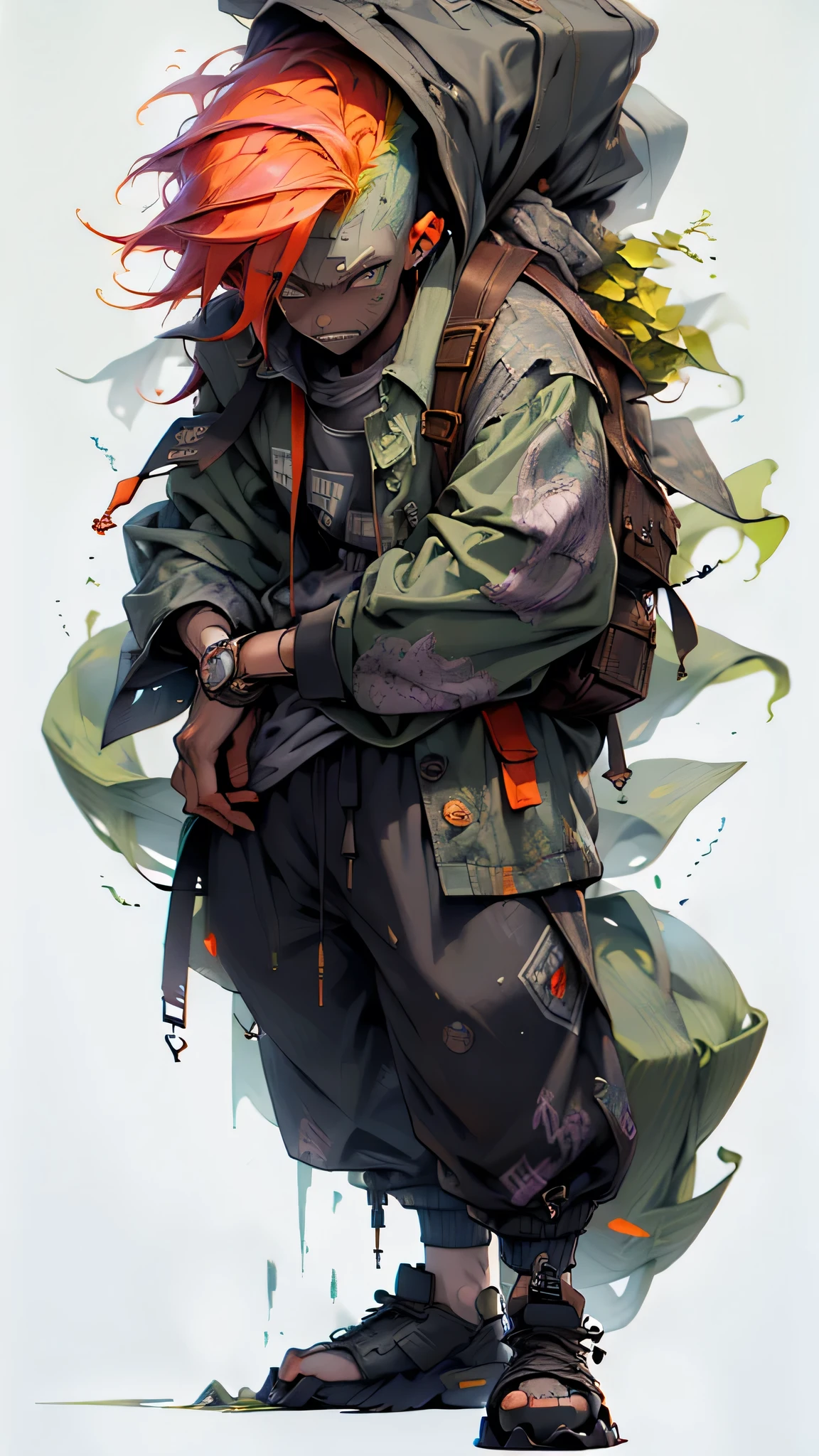 ((long shot, full body: 1.6)), purple: 1.5, orange: 1.1, green: 1.3, White: 1.3, yellow: 1.3, (rapper boy with scary hair, highly detailed eyes and body and beautiful baggy and baggy clothes :1.6), tattoos, (walls with Graffiti: 1.2), flower, Leaves, born in the fog, lines, leaning on the wall with a spray paint in his hand:1.4, dynamic action pose, 32K.