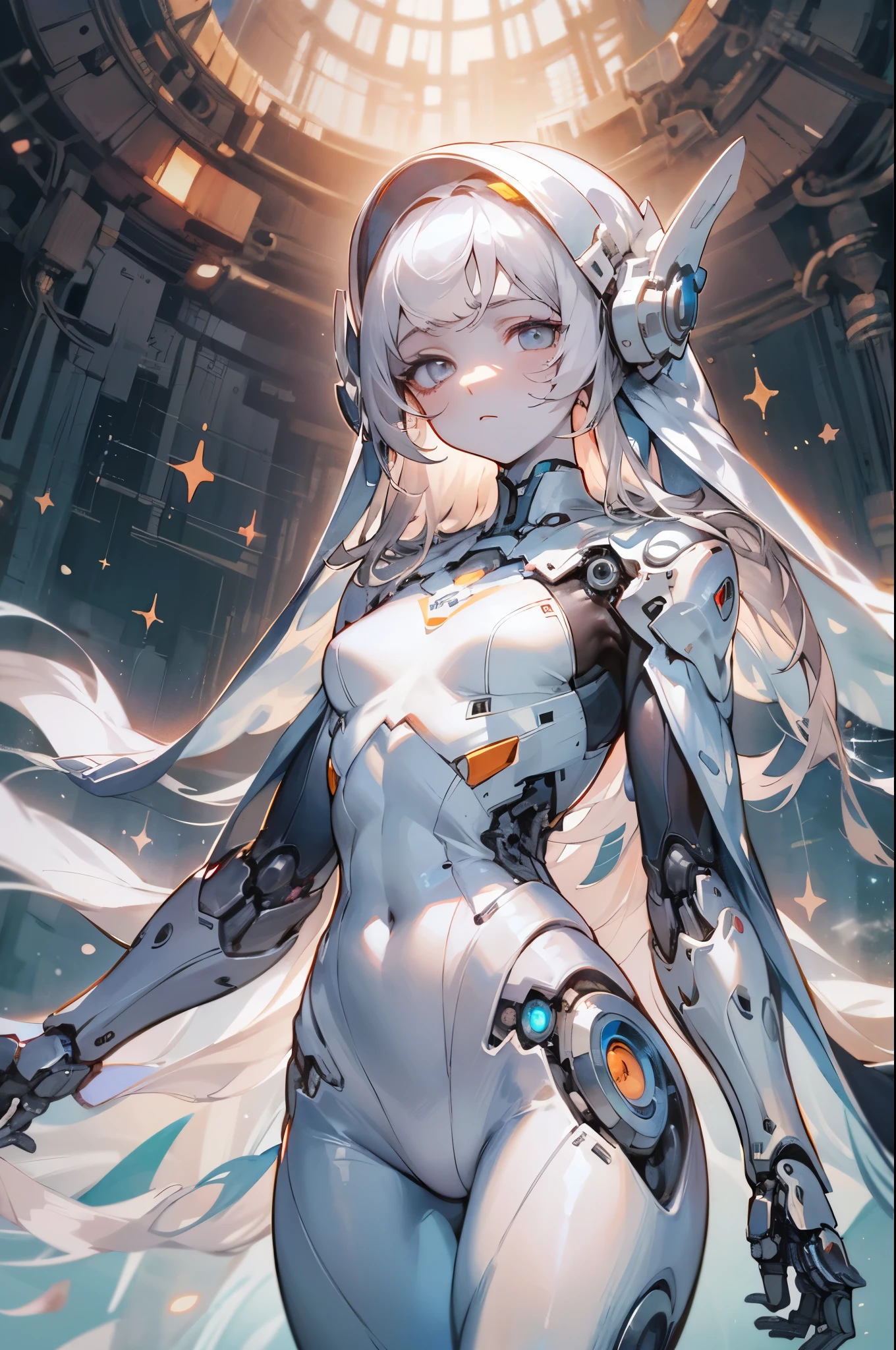 1girl, solo, cowboyshot, ((muture female)), (masterpiece), (best quality), (ultra-detailed), (illustration:1.2), (watercolor_painting:1.0), (highly detailed background:1.2), (thick outline), (perfect hands:1.4, two legs), (long bangs:1.2), shiny hair, (extra-long hair:1.2), white hair, (beautiful eyes:1.2), (gray eyes:1.2), blue gradient eye shadow, middle chest, extremely detailed beautiful anime face, clear pale blush, ((pale skin)), particles, ((Mechanical body)), white Android body, headgear, Sci-fi, Cold stare, (ghostly girl), (white tights), white veil, (expressionless), (empty eyes), composite lighting, professional shading, high quality textures, perfectly structured, natural proportions,