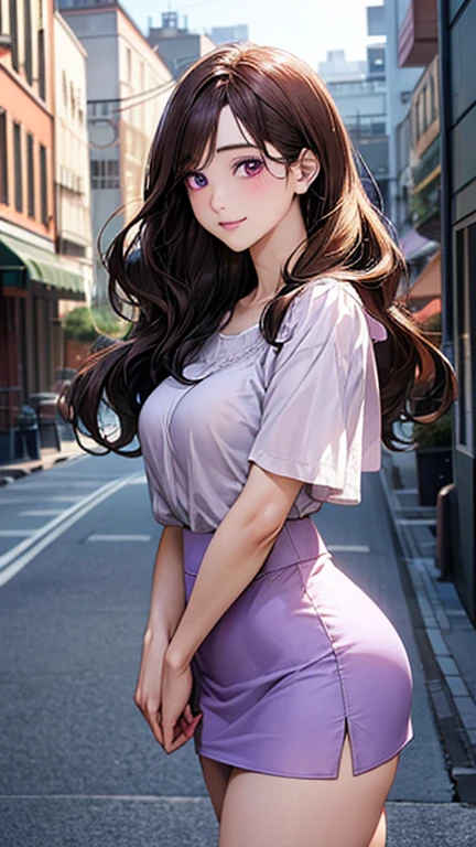 (masterpiece:1.2, top-quality), (realistic, photorealistic:1.4), beautiful illustration, (natural side lighting, movie lighting), nsfw,
looking at viewer, cowboy shot, front view:0.6, 1 girl, japanese, 24 years old , perfect face, cute and symmetrical face, shiny skin,
(long hair:1.5, wavy hair:1.4, brown hair), swept bangs, dark purple eyes, big eyes, drooping eyes, long eye lasher, (large breasts, thick thighs, big ass),
beautiful hair, beautiful face, beautiful detailed eyes, beautiful clavicle, beautiful body, beautiful chest, beautiful thigh, beautiful legs, beautiful fingers,
((light purple blouse, white tight mini skirt)),
(beautiful scenery), evening, (city street),, standing, (lovely smile, upper eyes),