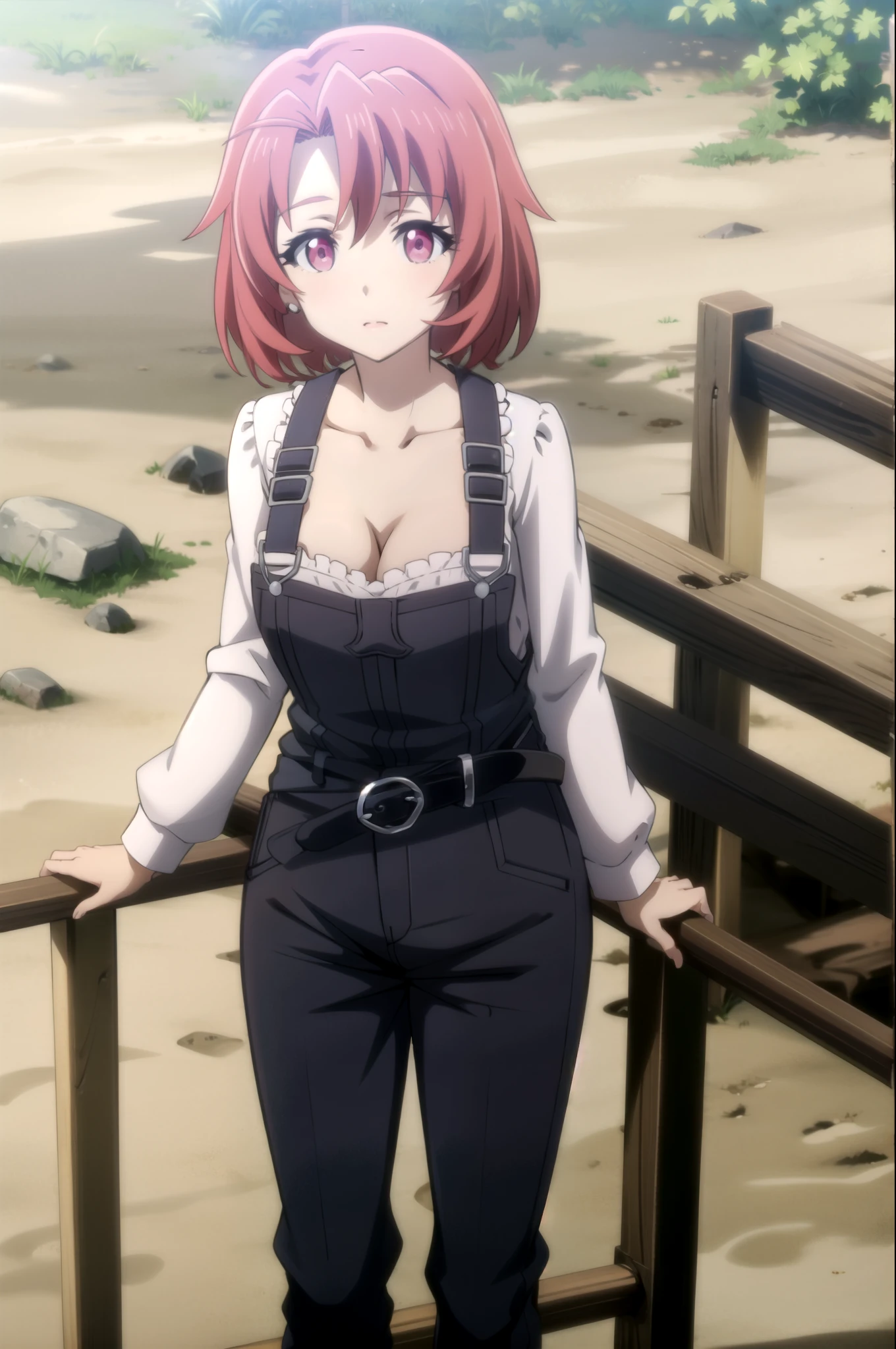 Cow girl,cowgirl,goblin slayer ,ushikai museums, Simple Background, Overalls, short hair, Redhead, chest, Chest cleavage, alone, belt, medium chest, Red eyes, clavicle, Purple eyes, Are standing, Long sleeve, shirt, black belt,outdoor,day,sunlight,