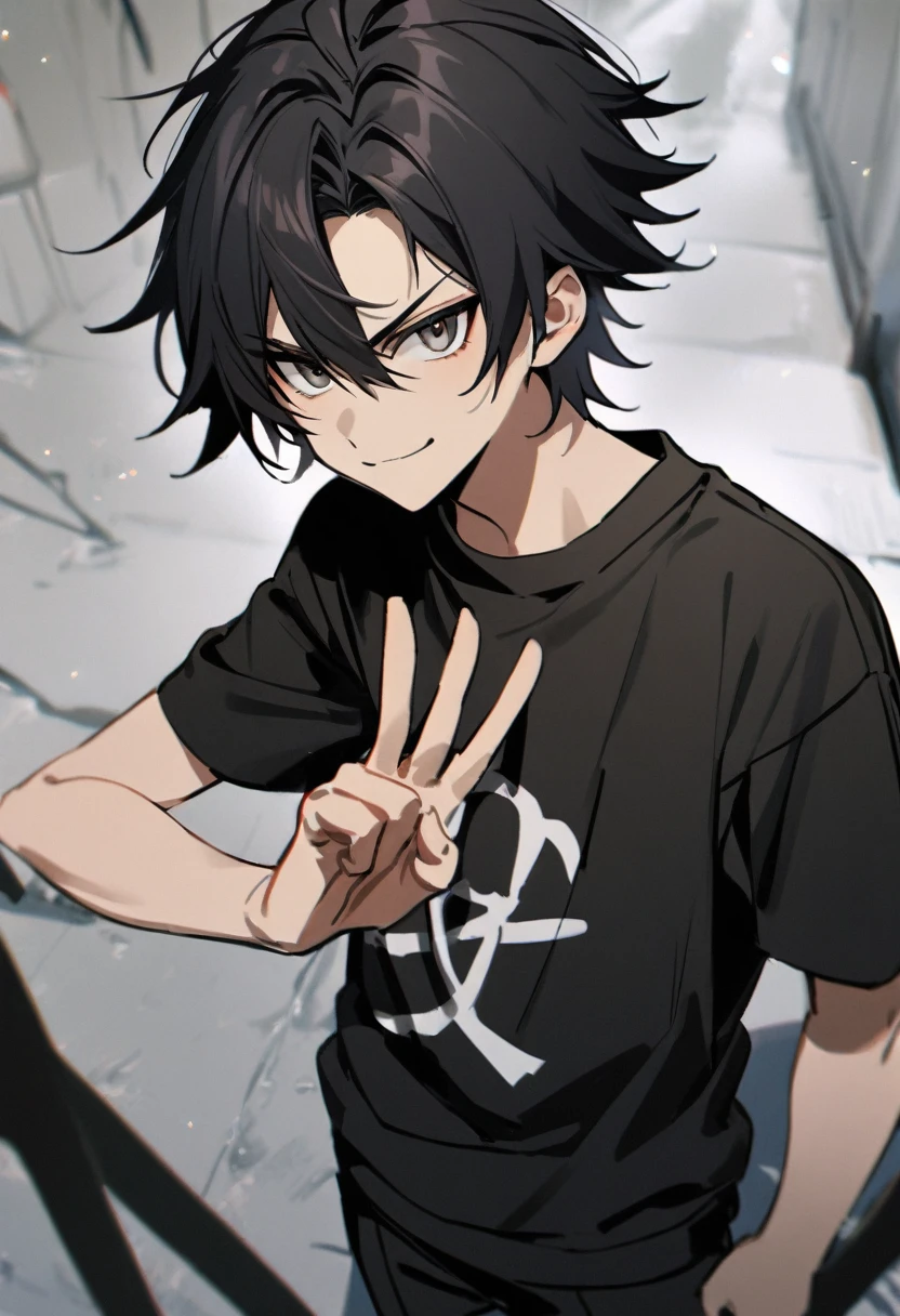 1boy, 17 years old, short navy blak hair, serious expression, friendly smile, black colour eyes, black tshir whit and dark blue sweatshirt, long black pants, white shoes, standing making a peace sign