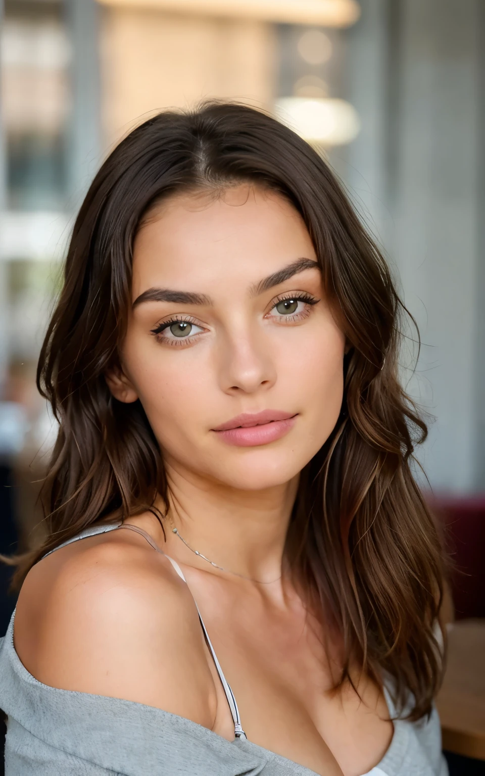 Belle brune portant un décolleté (in a modern cafe at sunset), very detailede, 21 ans, visage innocent, natural wavy hair, yeux vert, high resolution, masterpiece, better quality, Intricate details, very detailed, mise au point nette, detailed skin, texture de peau Realistic, texture, detailed eyes, professionnel, 4k, sourire charmant, filmed in Canon, 85 millimeters, faible profondeur de champ, Couleur Kodak Vision, corps parfaitement ajusté, extremely detailed, photographier_\(ultra\), photoRealistic, Realistic, Post-traitement, Maximum details, roughness, real life, Ultra Realistic, photorealism, photographie, 8k euh, photographie, bare shoulder, sans sous-vêtement, sexy, flirts with the camera, regarde sexy, regard directement la camera, open face, ne porte pas de sous vetements, nipple visible under tshirt,
