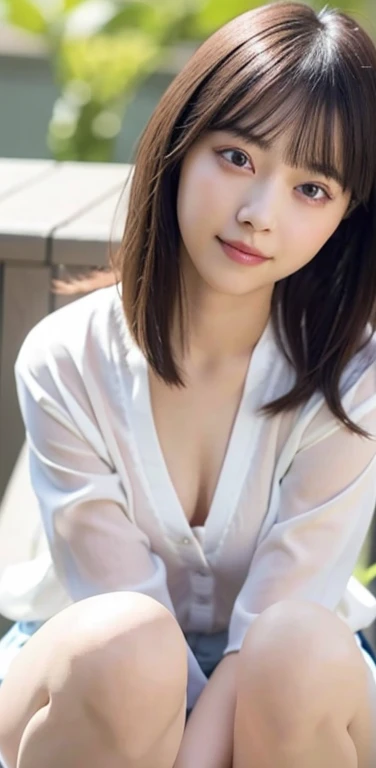 (8k), (highest quality: 1.2), (Realistic), (Realistic: 1.37), Ultra-high resolution,RAW Photos、 1 girl, Head to knee photo、cute, smile, Mouth closed, Beautiful details, Beautiful Nose, whole body, Wet Hair, Giant Dulcefo, pork, , (Small breasts)、Flat Chest、Breast like a 、Tight white blouse that clings to the breasts、pastel cardigan、Nipples are visible through the、Voluptuous thighs、dolly make、Odd Eye、Heterochromia iridis