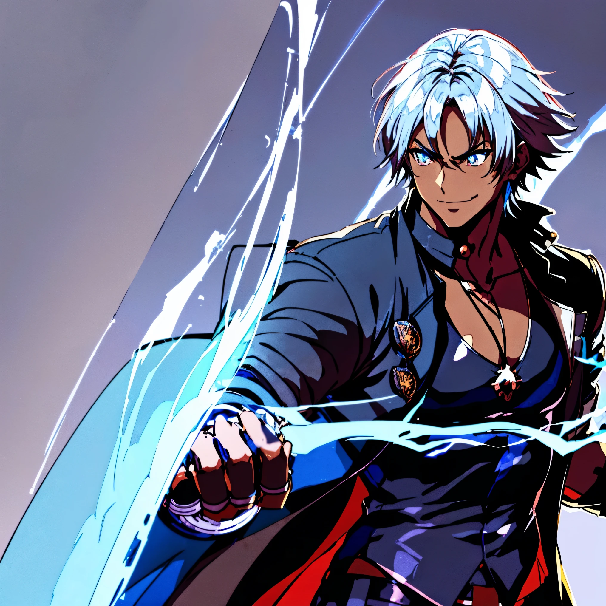 A Dark skinned young anime man, side swept silver hair, fiery light blue eyes, producing blue fire out of his fist, wearing a blue combat trench coat over a black tank top with black slacks and a chain on the hip, steel necklace with a blue dragon pendant around his neck, with sleeves rolled up to his elbows and a cocky smile