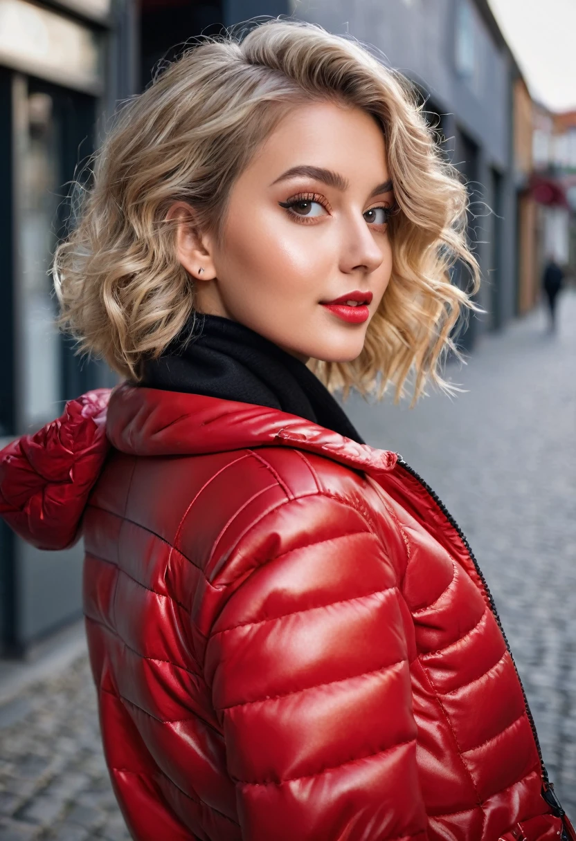 hyperrealistic beautiful busty 18-year-old women wearing red cropped puffer jacket and faux leather leggins, model shooting full body photography, view from behind, natural blonde short curly bob, dark eye makeup with eyeliner, seductive smile, small necklace, 8K, Best quality, Meisterwerk, ultra high resolution, (Realismus: 1.4), Originalfoto, (realistische Hautstruktur: 1.3), (Filmkorn: 1.3), (Selfie-Winkel), 1 girl, Beautiful round hazel eyes and facial details, Meisterwerk, Best quality, selfie-pic-posing outside, nsfw