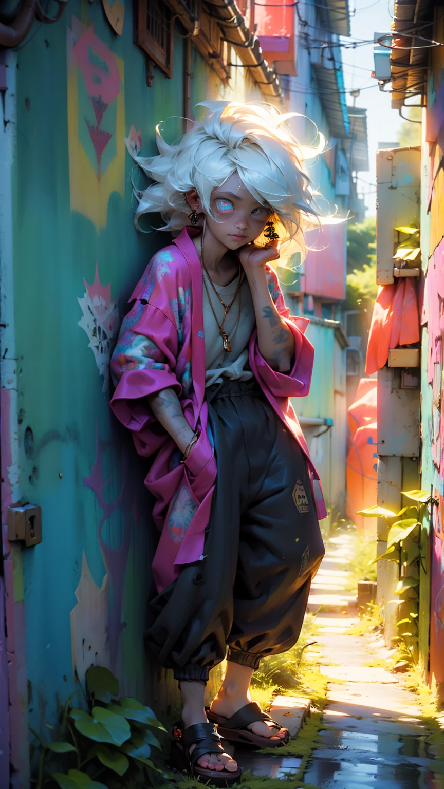 ((long shot, full body: 1.6)), purple: 1.5, orange: 1.1, green: 1.3, White: 1.3, yellow: 1.3, (rapper boy with scary hair, highly detailed eyes and body and beautiful baggy and baggy clothes :1.6), tattoos, (walls with Graffiti: 1.2), flower, Leaves, born in the fog, lines, leaning on the wall with a spray paint in his hand:1.4, dynamic action pose, 32K.