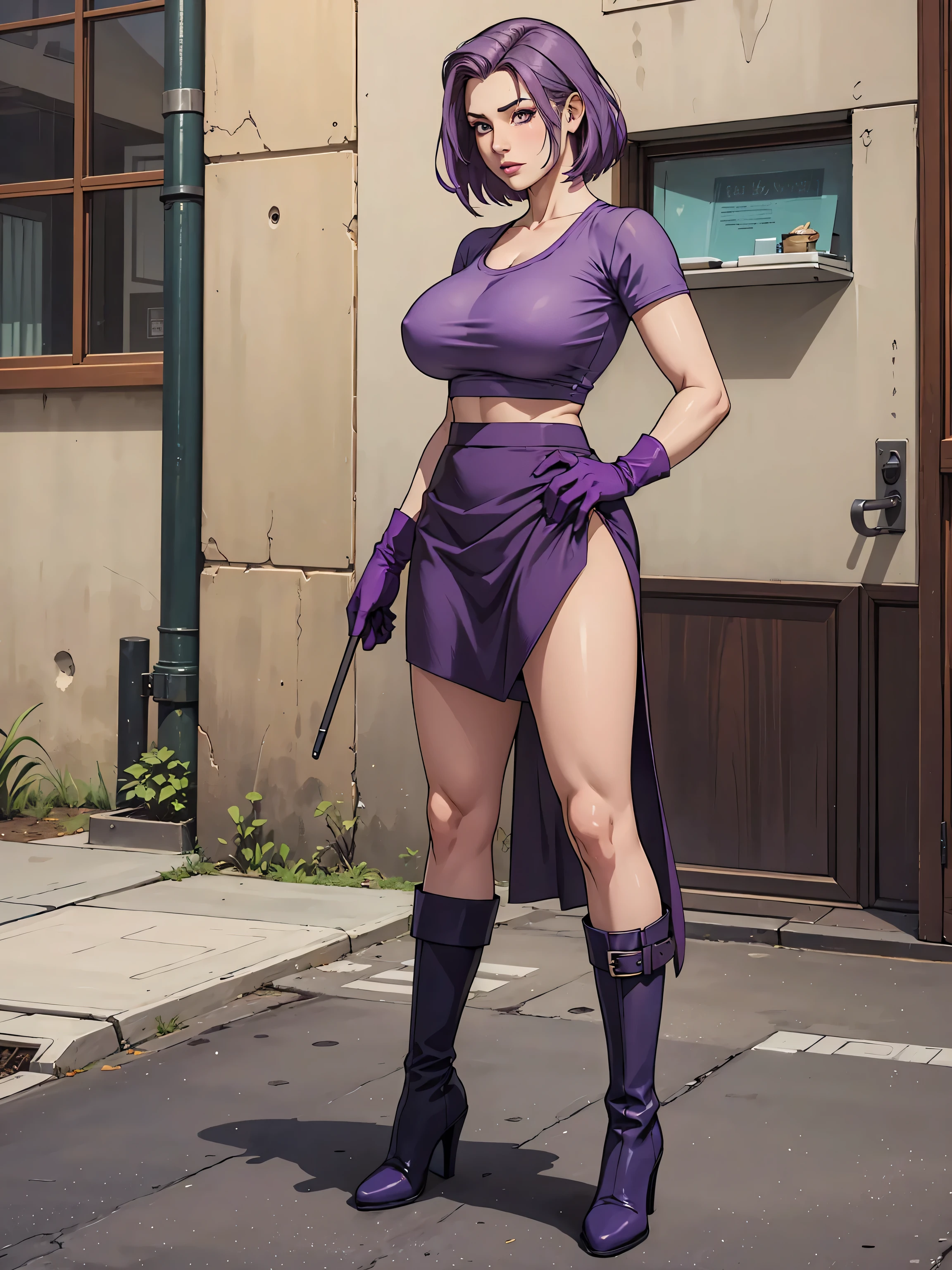 Full body, realistic, (1 beautiful woman, solo: 1.1), big breasts, purple hair, purple crop top, purple skirt, purple gloves, purple high heel boots