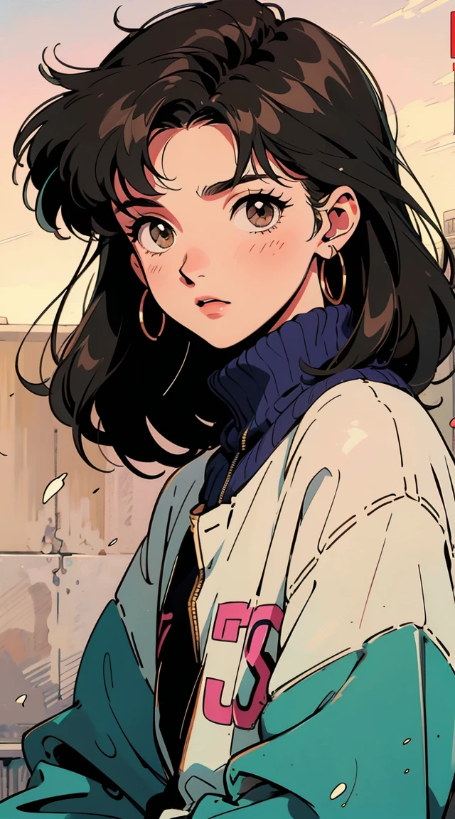 The highest image quality, 90s style anime, 21 year old girl, pelo negro, pelo largo, light brown eyes, con una sudadera con capucha suelta, moda de los 90, junto a un chico, male, man 90s style anime,pelo negro con raya en el centro. Ambos juntos en la misma imagen mirando direcciones opuestas, 1 chico, 1 chica Fondo blanco, (portada de revista),