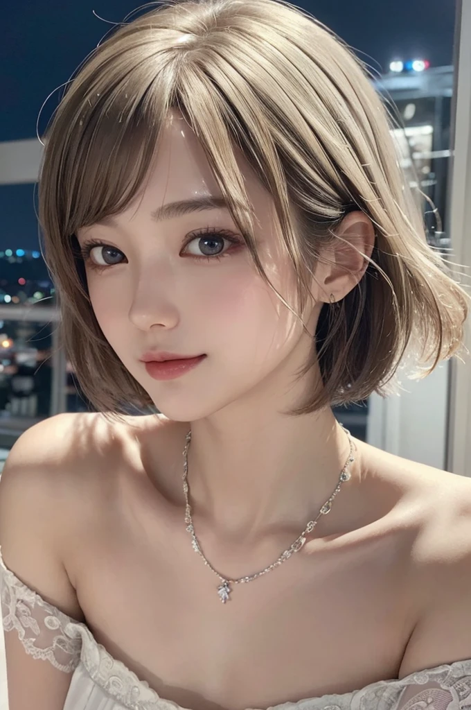 (Surreal) , (Like the picture:1.4),(Increase the resolution), (8k), (Very detailed), (Beautiful and fine details), (highest quality), (Ultra-detailed), (masterpiece), (wallpaper), (Detailed face), solo,1 girl, perfect beautiful japanese woman:1.4、19 years old、Looking at the audience, Subtle details, Detailed face, Cloudy, Deep Shadow, A gentle smile,Short hair white color,My hair is messy,Looking up,(bright long dress, :1.2),Background is night,Camera angle high angle,Various poses,necklace,Attractive face, Medium chest, Dynamic pose,
