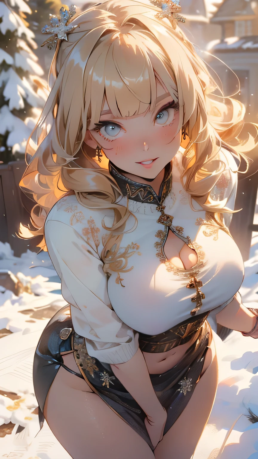 (best quality,4k,8k,highres,masterpiece:1.2), ultra-detailed, (realistic,photorealistic,photo-realistic:1.37), ((gigantic breasts:1.2)), snowy road background, illustration, vivid colors, portraits, studio lighting,physically-based rendering, cynical lighting effect, sexy pose, (ultra-detailed eyes:1.4), shy, (winter:1.5), (coat:1.5), Lumine, genshin impact, blonde, Short messy hair with two tails, white flower hair jewelry, detailed yellow eyes