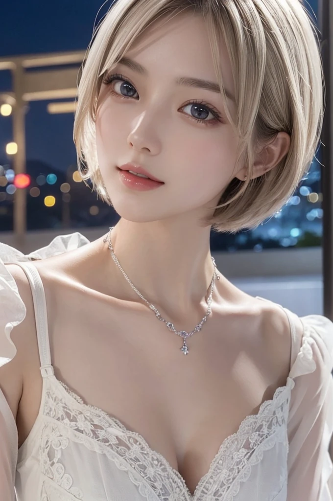 (Surreal) , (Like the picture:1.4),(Increase the resolution), (8k), (Very detailed), (Beautiful and fine details), (highest quality), (Ultra-detailed), (masterpiece), (wallpaper), (Detailed face), solo,1 girl, perfect beautiful japanese woman:1.4、19 years old、Looking at the audience, Subtle details, Detailed face, Cloudy, Deep Shadow, A gentle smile,Short hair white color,My hair is messy,Looking up,(bright long dress, :1.2),Background is night,Camera angle high angle,Various poses,necklace,Attractive face, Medium chest, Dynamic pose,