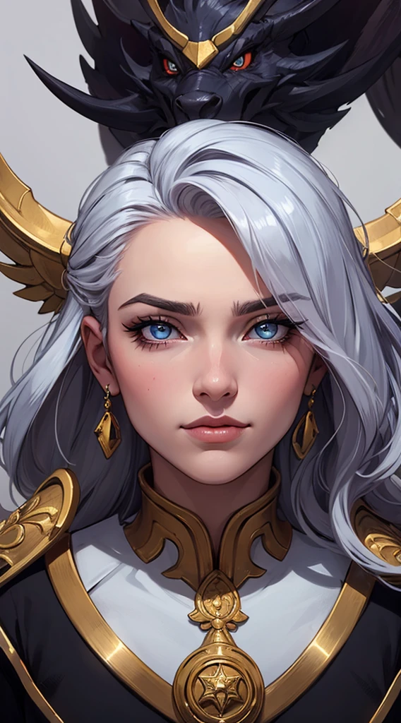 Com um dragão Ennifer Connelly, muito longo no modo retrato e meio cacheado com franja, seios pequenos, olhos grandes com um brilho apaixonado, olhos