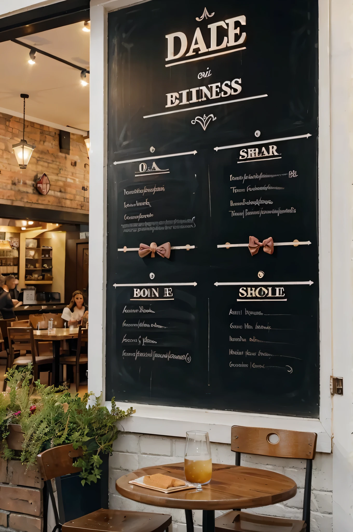 Create a realistic image depicting the concept of selling a restaurant in France. The scene should show both the interior and exterior of a French restaurant. Inside, display various equipment like kitchen appliances, tables, and chairs. Include details such as a chalkboard menu, the restaurant's name prominently displayed, and a busy kitchen area. Show a diverse group of customers enjoying their meals, representing the regular clientele. The decor should reflect a modern French restaurant without relying on stereotypes (avoid clichés like berets or baguettes). Outside, the restaurant's facade should be welcoming, with on the table wine bottle and glasses and the blackboard in red with writing in gold color. Add elements that suggest the continuation of business, like a new owner shaking hands with the previous owner, symbolizing the transfer of the business. The overall atmosphere should be vibrant and bustling, illustrating the ongoing success of the restaurant even during the sale process.